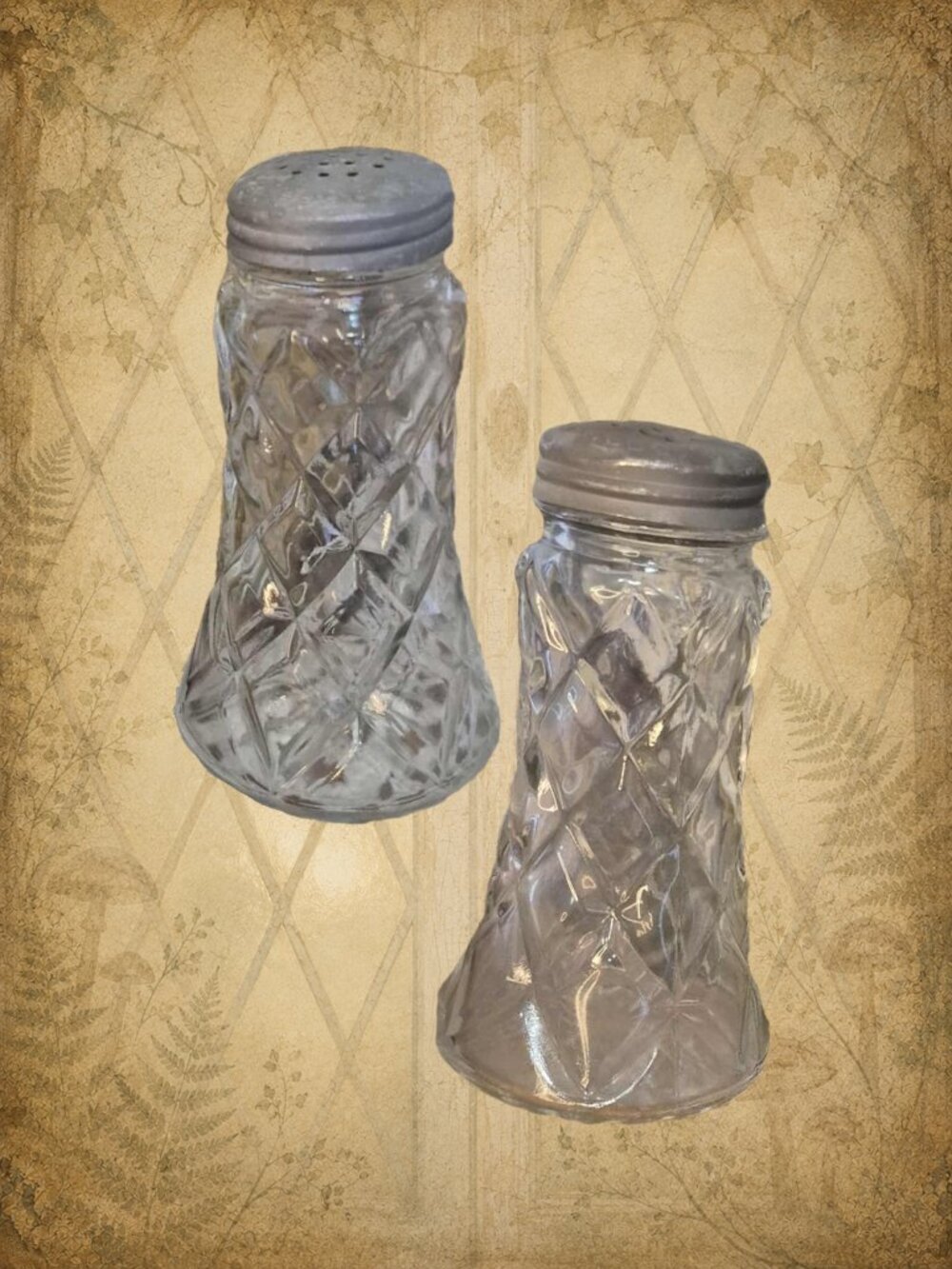 Vintage Pressed Clear Glass Salt & Pepper Shakers + Bonus Small Plate
